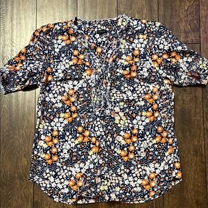 Talbots Navy Floral Ruffle Blouse